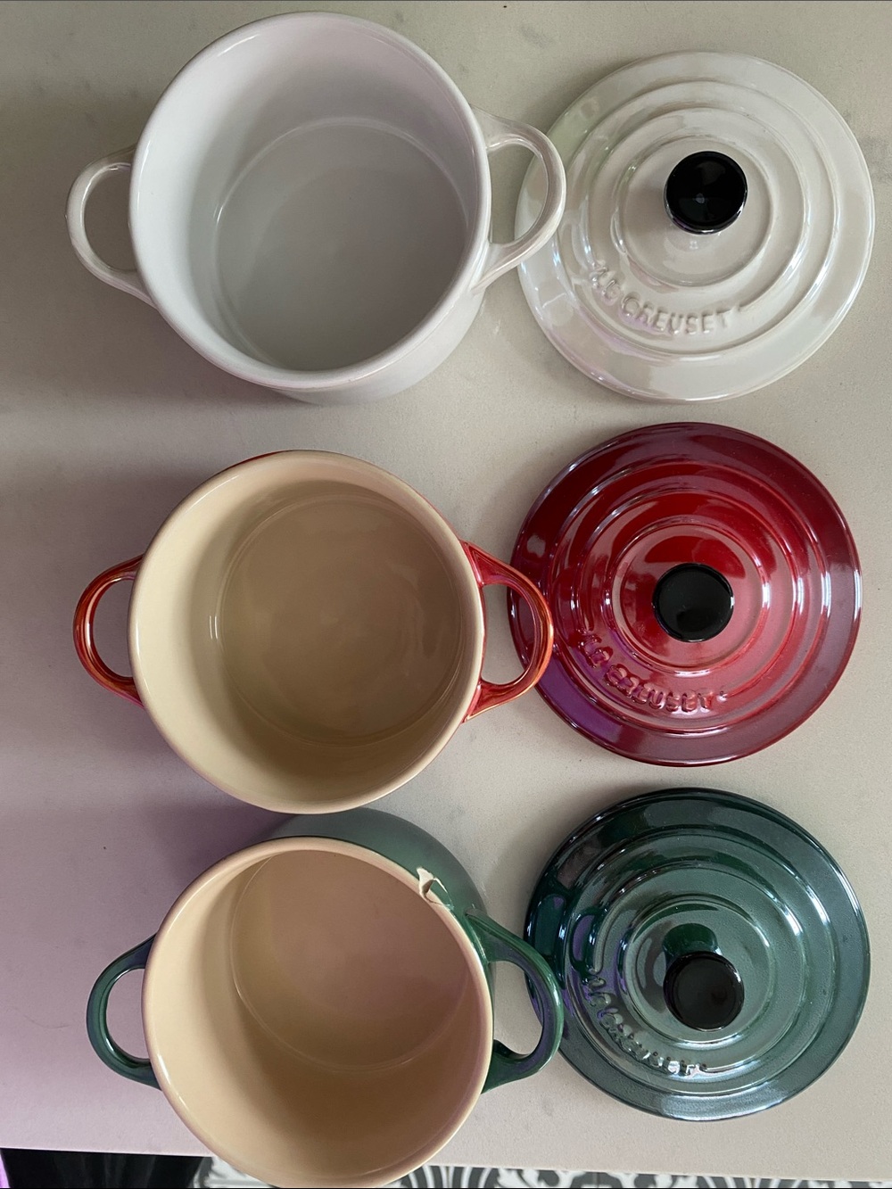 Le Creuset Trio of Petite Cocottes in White, Red & Teal